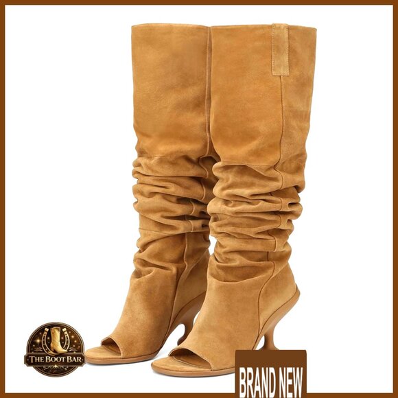 Shoes - Kitten Heel Knee High Boots Open Peep Toe Wide Calf Slouchy Fashion Boots